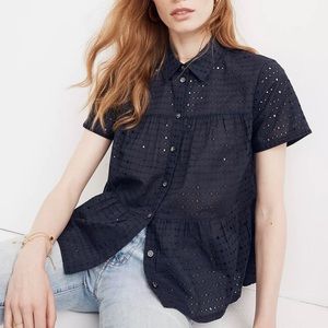 Madewell Navy Blue Blouse Eyelet Seamed Button Down Shirt 100% Cotton Sz XS
